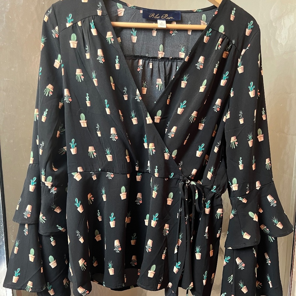 Blue Rain Womens Blouse Top Black with Plant Cactus Pattern